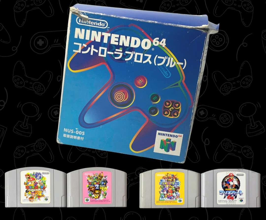 Nintendo 64 Lot Official Blue Controller NUS-005 +Mario Party 1 2 3 & Kart Japan