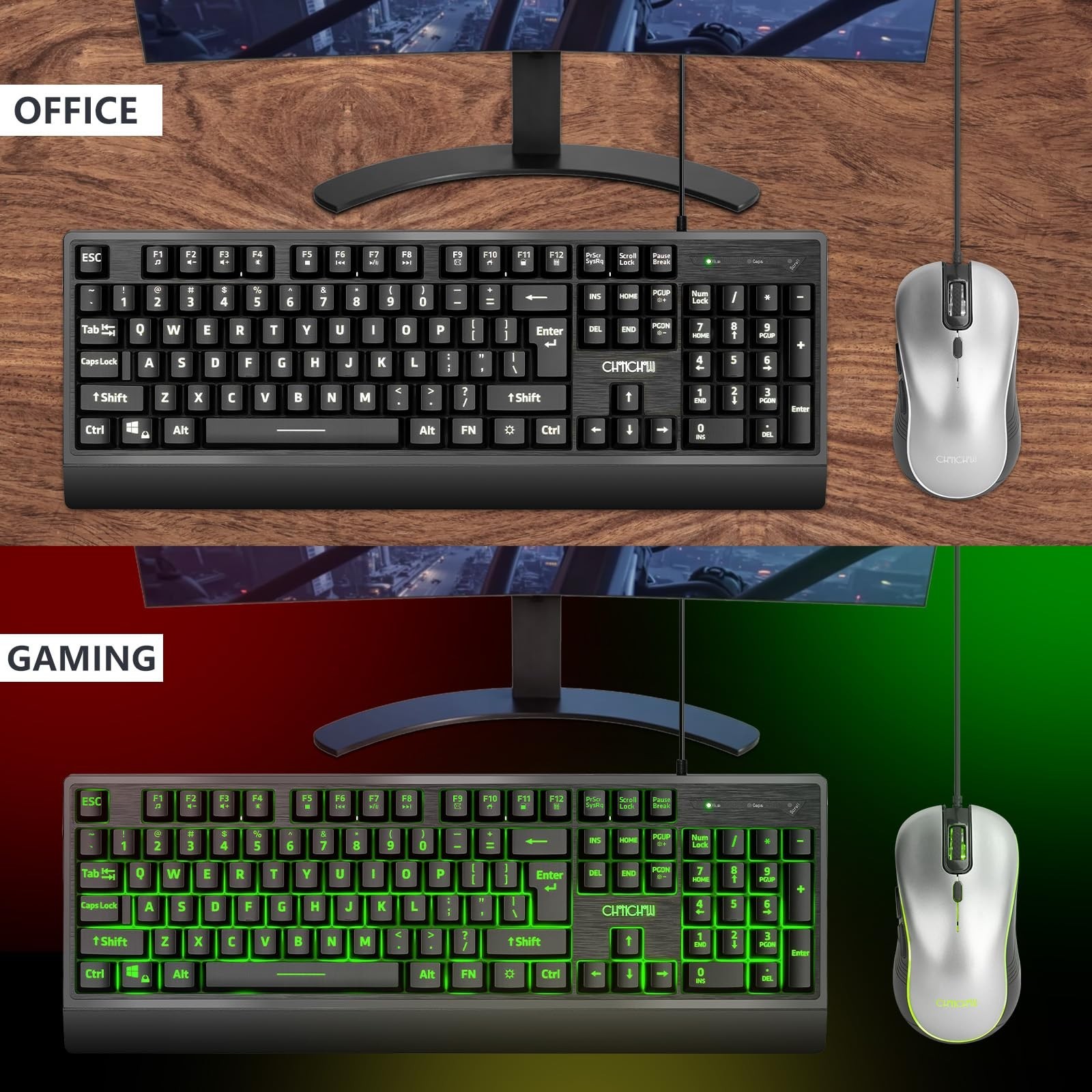 USB Wired Keyboard and Mouse Combo with Red-Yellow-Green LED, Silent Gaming K…