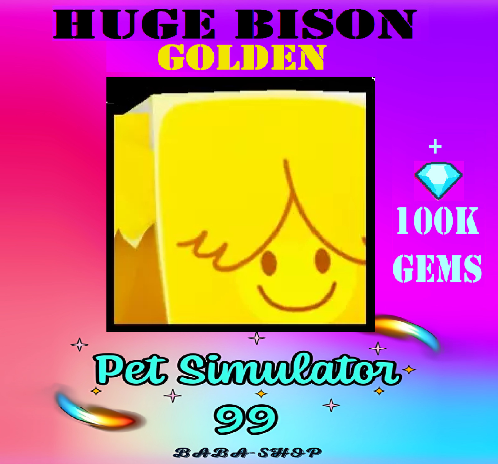 GOLDEN HUGE BISON + 100k Gems – Clean 100% – Pet Simulator 99 – PS99 – Fastest
