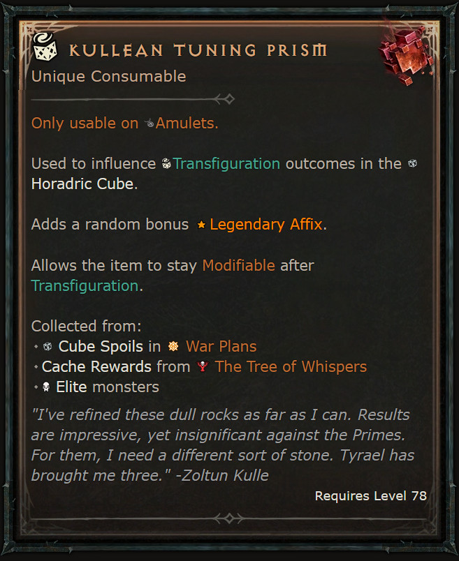 Diablo 4 S14 – Horadric Cube Materials / Tuning Prism – Season 14 S14 SC
