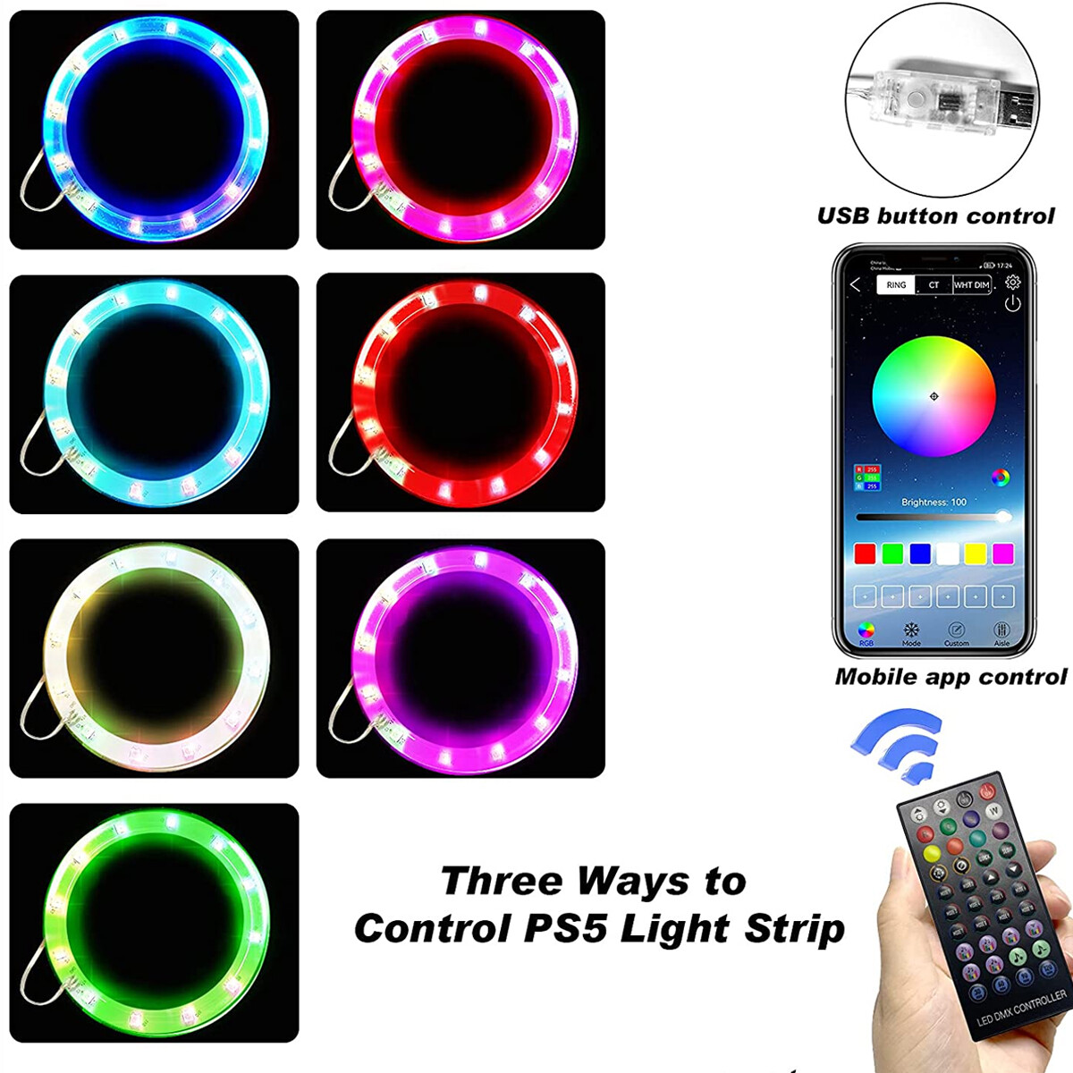 For PS5 Console USB 5050 RGB LED Light Strip Kit Sync Music 8 Colors 400 Effects