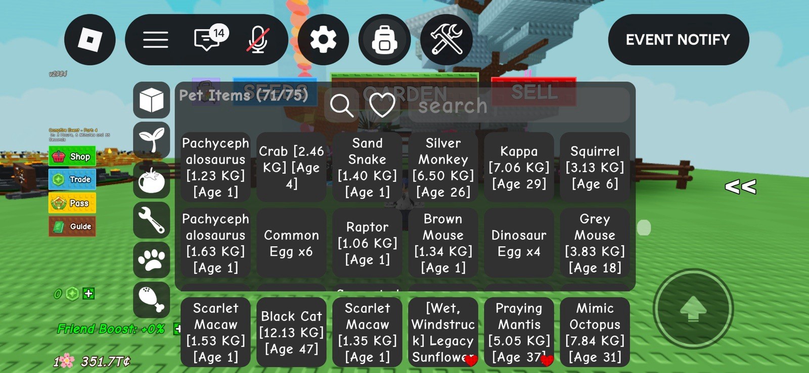 Roblox Grow a Garden Pet Items Inventory Screenshot In-Game Item Bee Kitsune