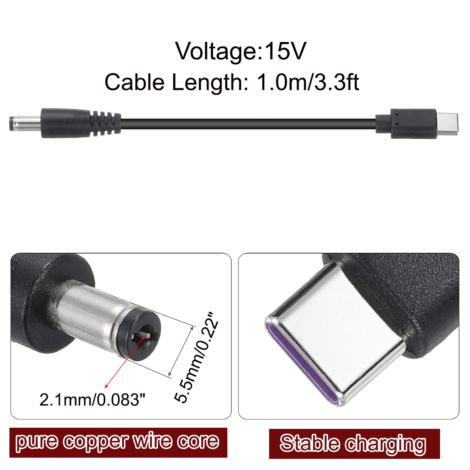 3.3FT USB C to DC PD Power Fast Charging Cable, 5.5×2.1mm 45W/15V(Black)
