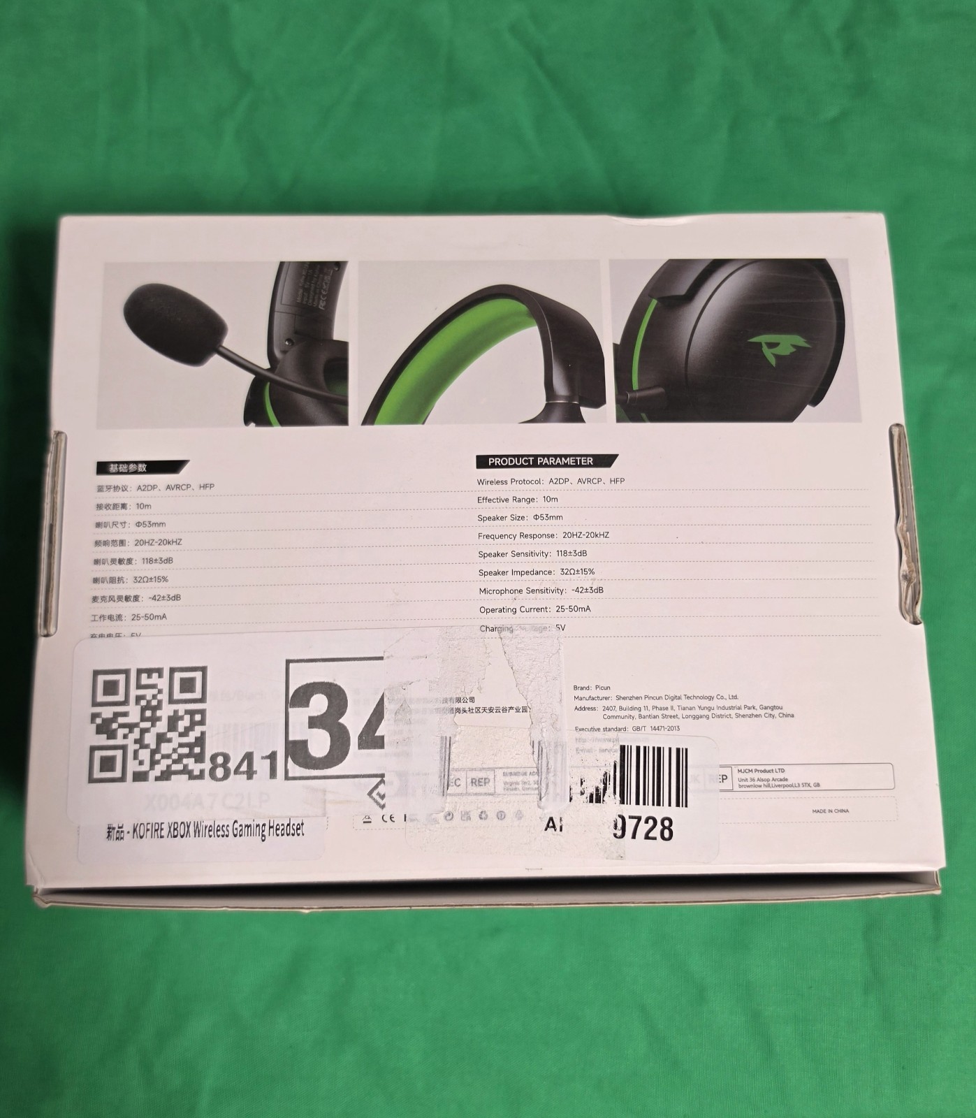 KOFIRE Xbox Wireless Gaming Headset Bluetooth USB Wireless Black Green Boom Mic