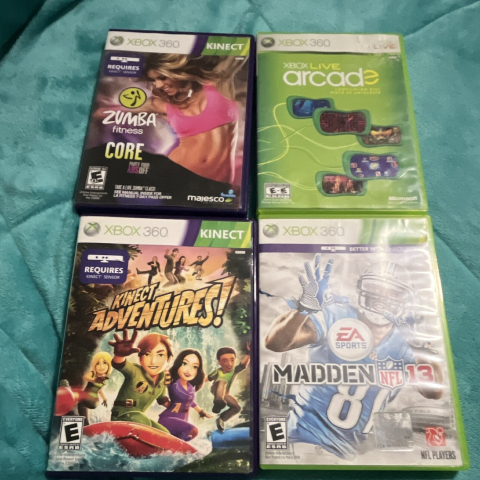 Xbox 360 Game Lot Zumba Fitness Core, Kinect Adventures, Arcade, Madden NFL