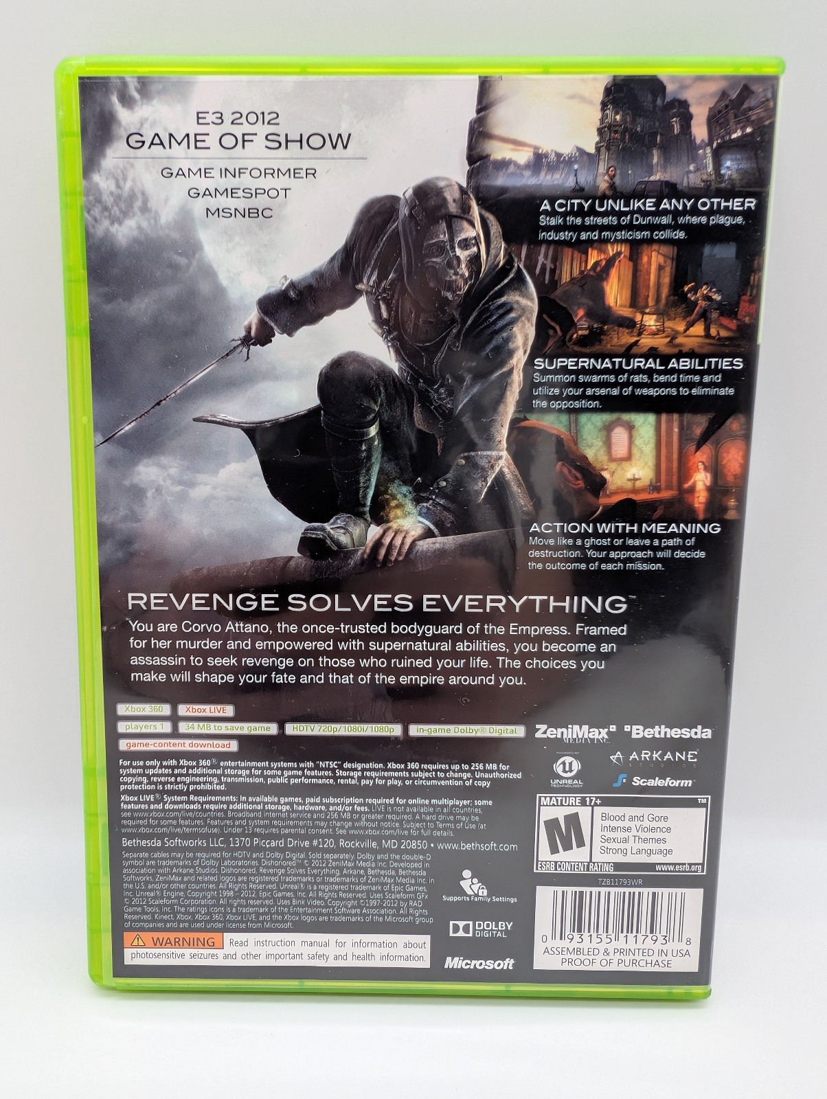 Dishonored (Microsoft Xbox 360, 2012) NEAR MINT W/MANUAL! MAIL IT TOMORROW!