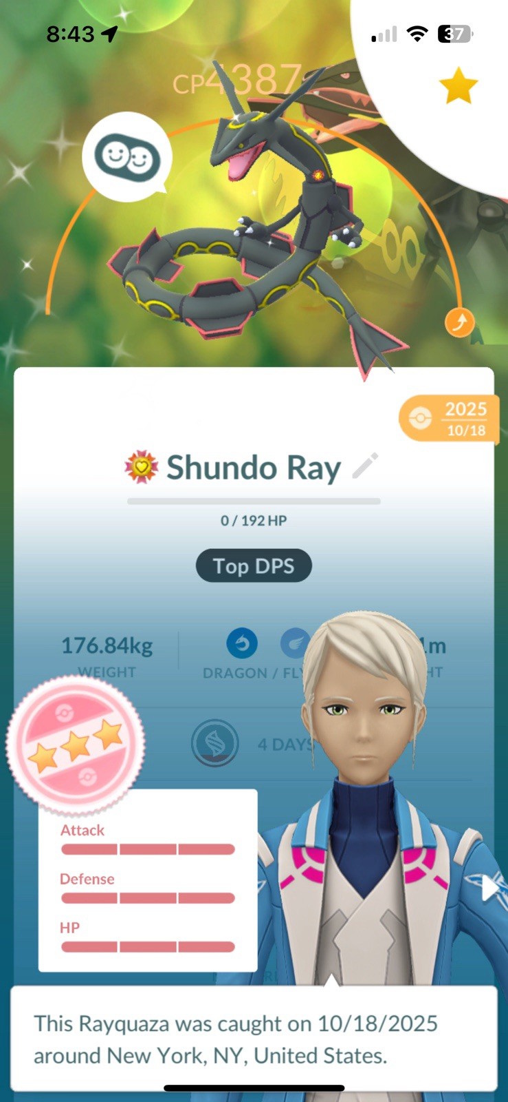 Pokémon Go Acc level72, Shundo Rayquaza Best Buddy, Full Fused Pokemon. BGs.