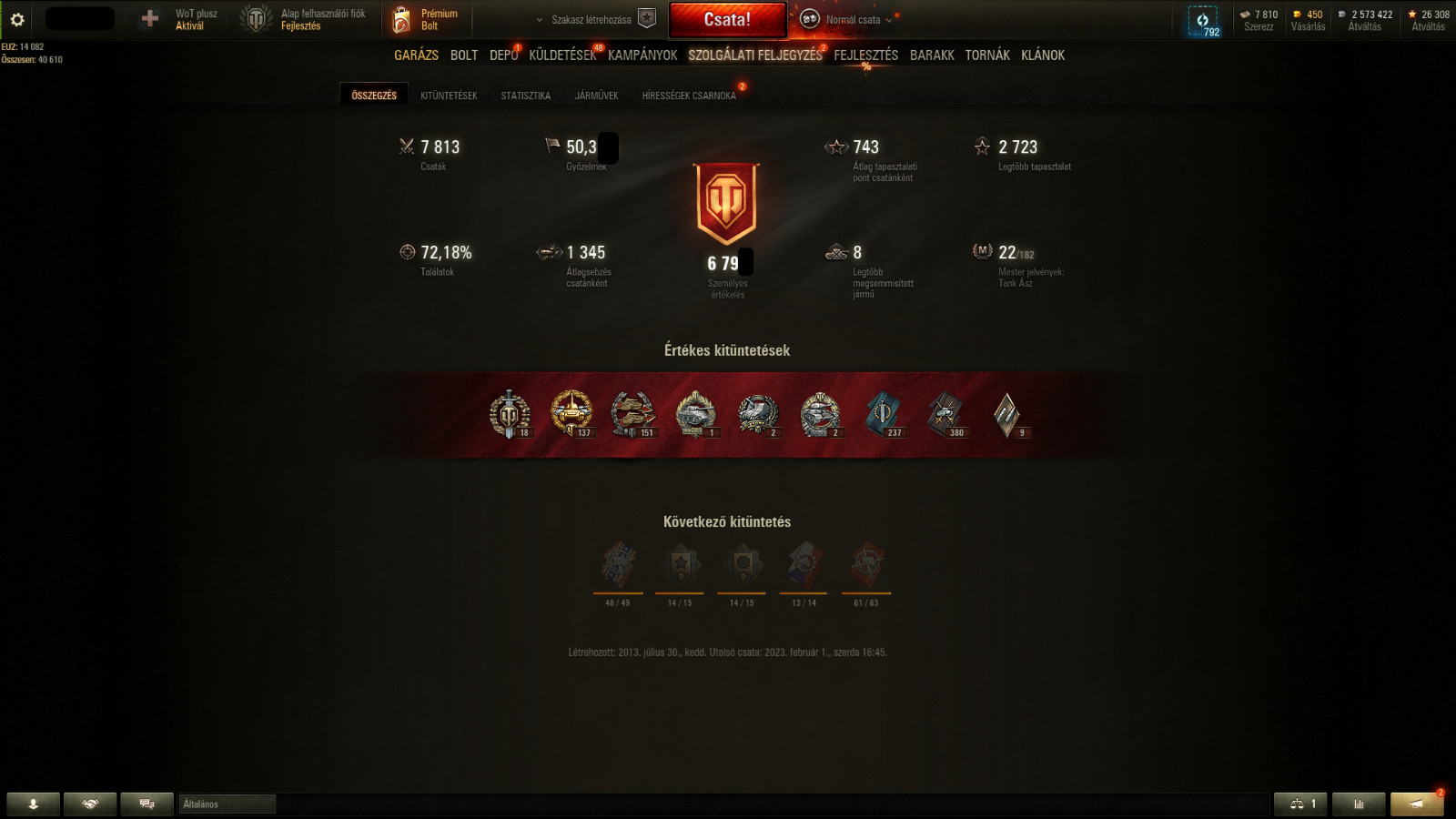WOT account with A LOT OF CONSUMABLES, Tier 10-9-8 tanks, and premiums! – EU!