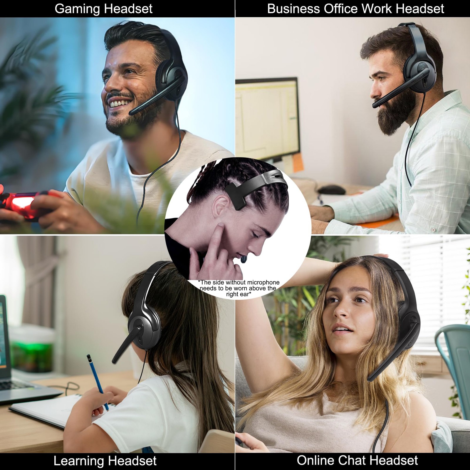Wired One Ear Headset with Mic, 3.5mm/Type-C/USB Gaming for Black