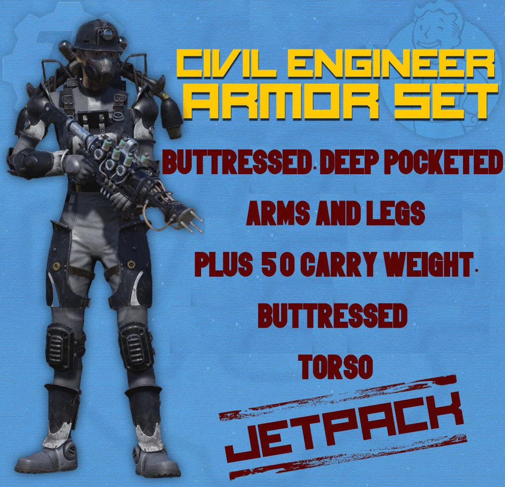 FALLOUT 76 [PC] CIVIL ENGINEER ARMOR FULL SET TOP MODS + JETPACK UNROLLED