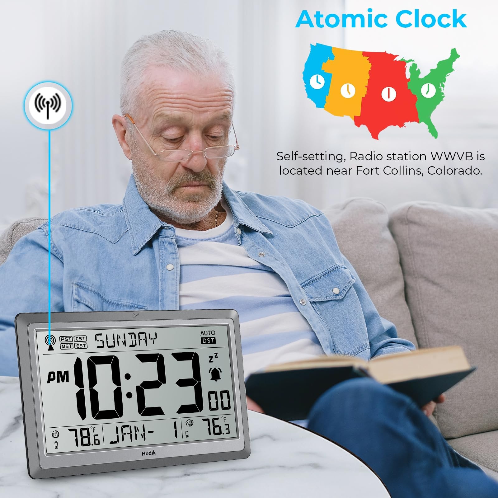 HODIK Wall Clock Atomic with Indoor Outdoor Temperature 9*5.9*1.1 in, Silver