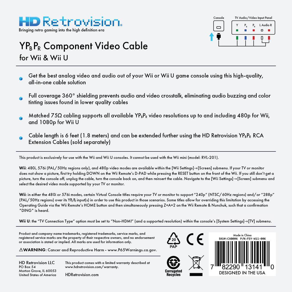 HD RETROVISION Wii YPbPr Component Cable for the Nintendo Wii/ Wii U