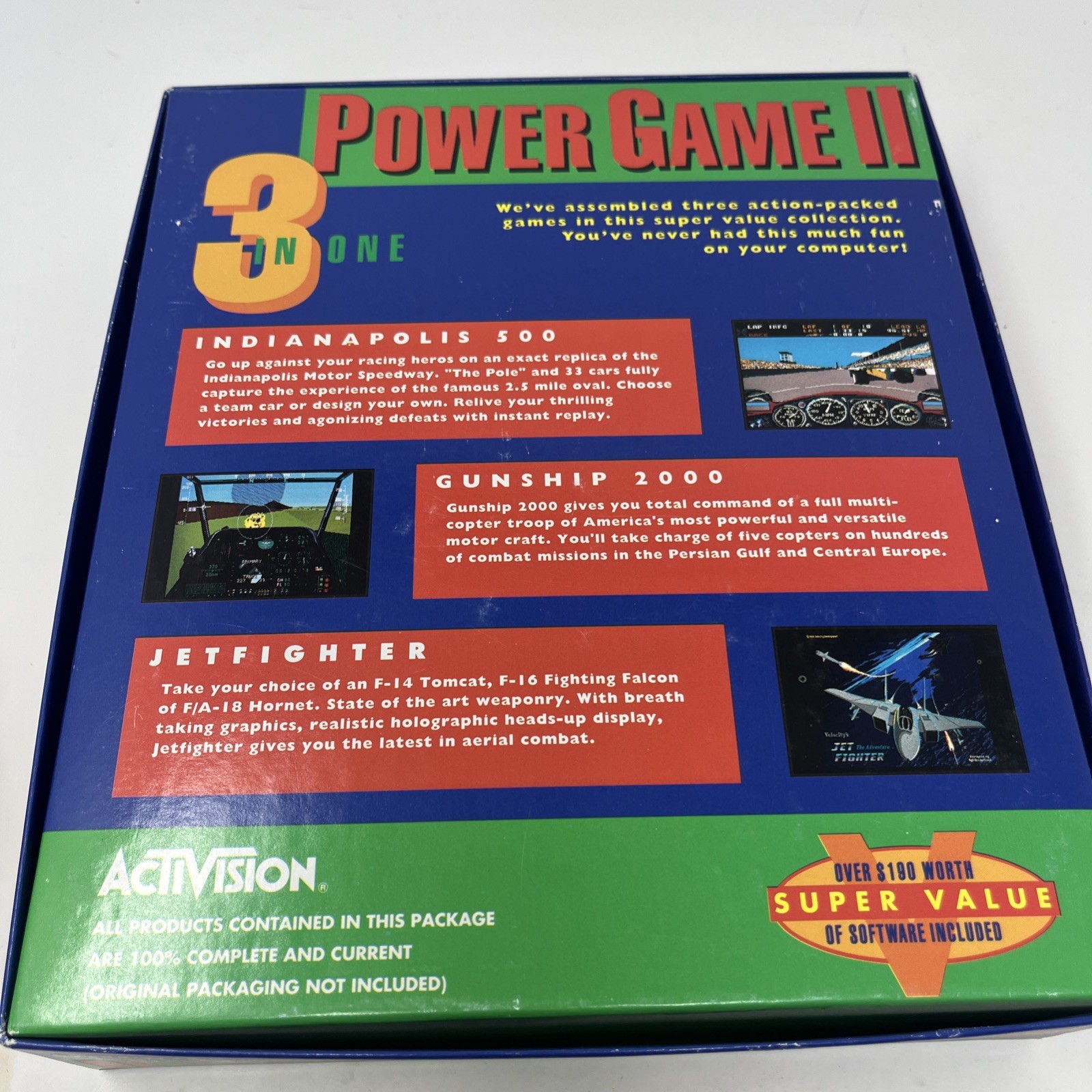 Power Game II Jetfighter Gunship 2000 Indianapolis 500 Big Box Vintage PC 3.5