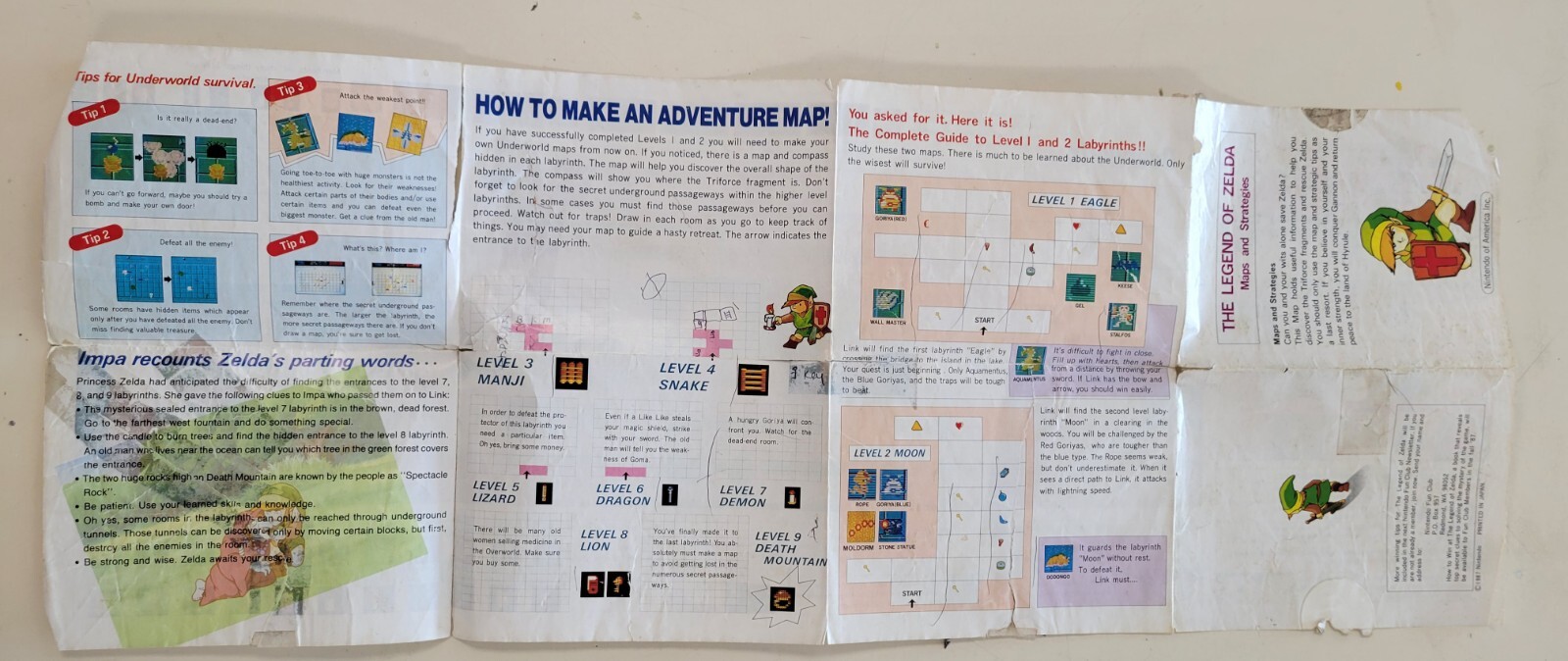 Vtg 1987 LEGEND OF ZELDA Nintendo NES Original Maps & Strategies Fold-Out Insert