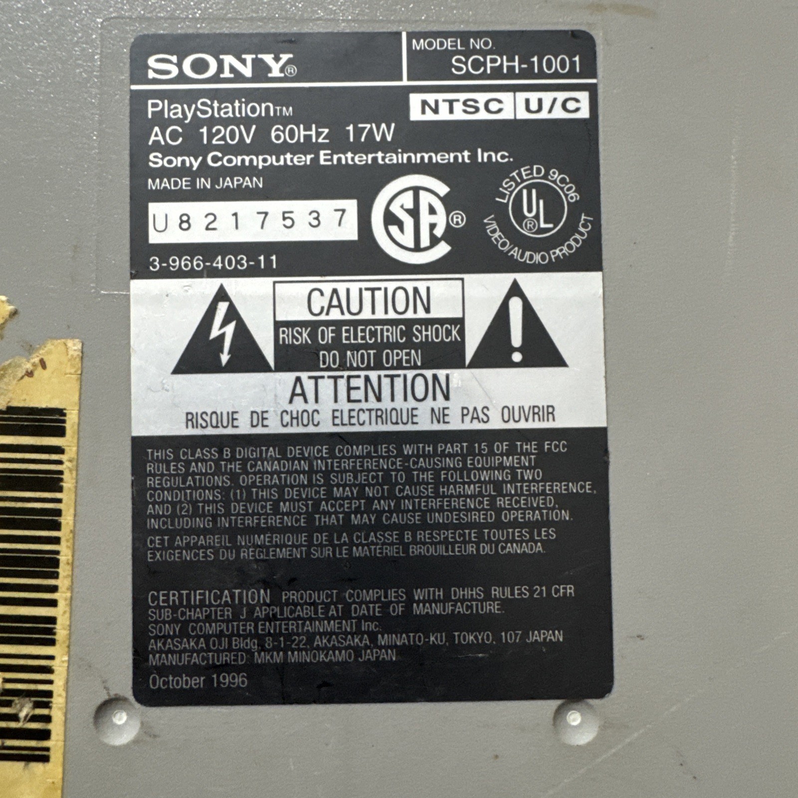 Sony PlayStation 1 PS1 Console SCPH-1001 No AV Cable For Parts