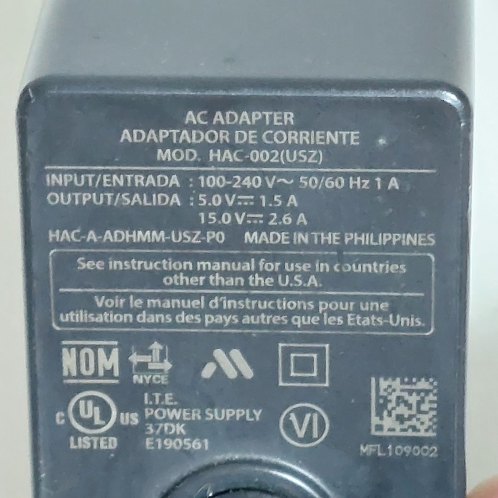 Nintendo Switch Charger AC Adapter Model HAC-002 (USZ) Genuine