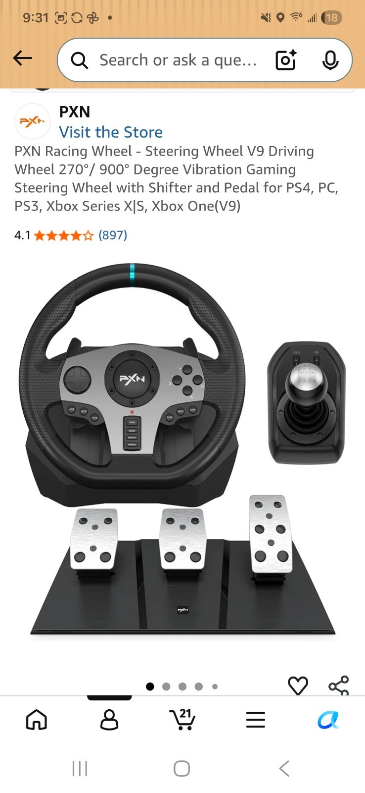 PXN V9 Racing Wheel w/ Pedals & Shifter, Paddle Shifters, Wired, Black/Silver