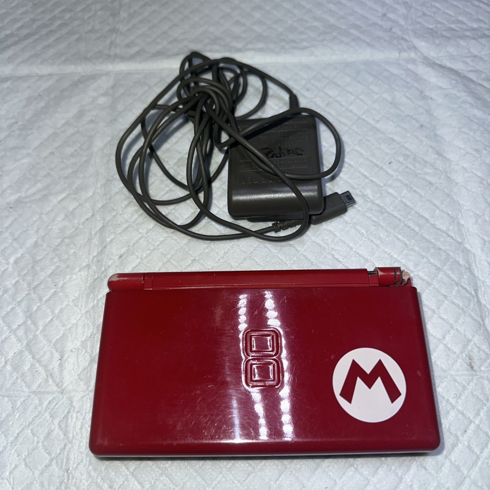 Nintendo DS Lite Mario Edition Console w/ Charger & GBA WORKS! BAD HINGE!