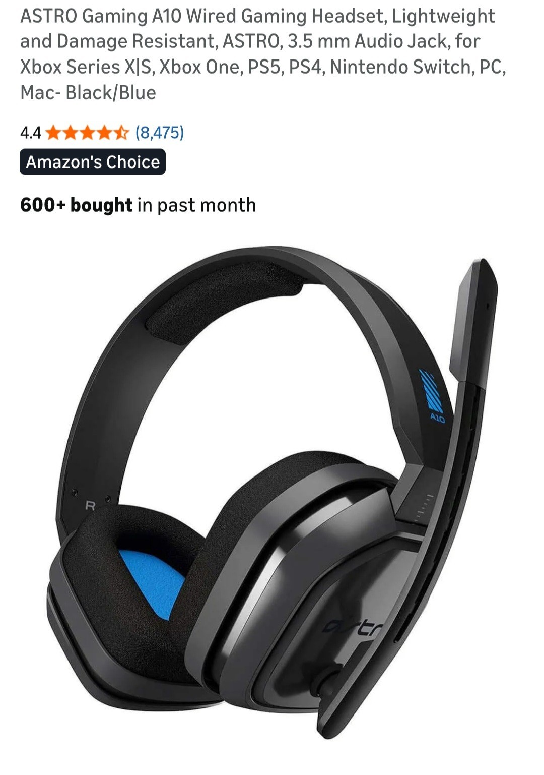 ASTRO Gaming A10 Wired Gaming Headset, Lightweight and Damage Resistant, ASTRO