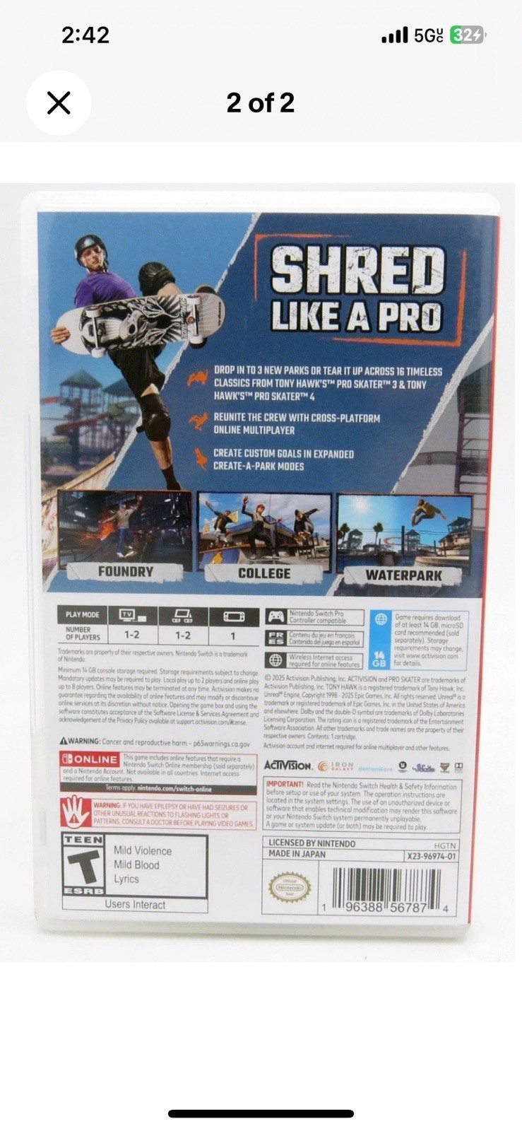 Tony Hawk Pro Skater 3+4 – Nintendo Switch Code in Box