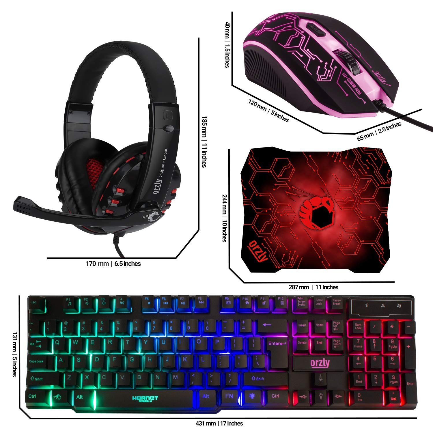 Orzly Gaming Keyboard And Mouse And Mouse Pad And Gaming Headset Wired Led Rgb