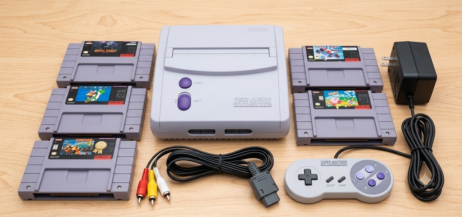 Nintendo SNES Super Nintendo Console Bundle w/ Cables & 8 Games