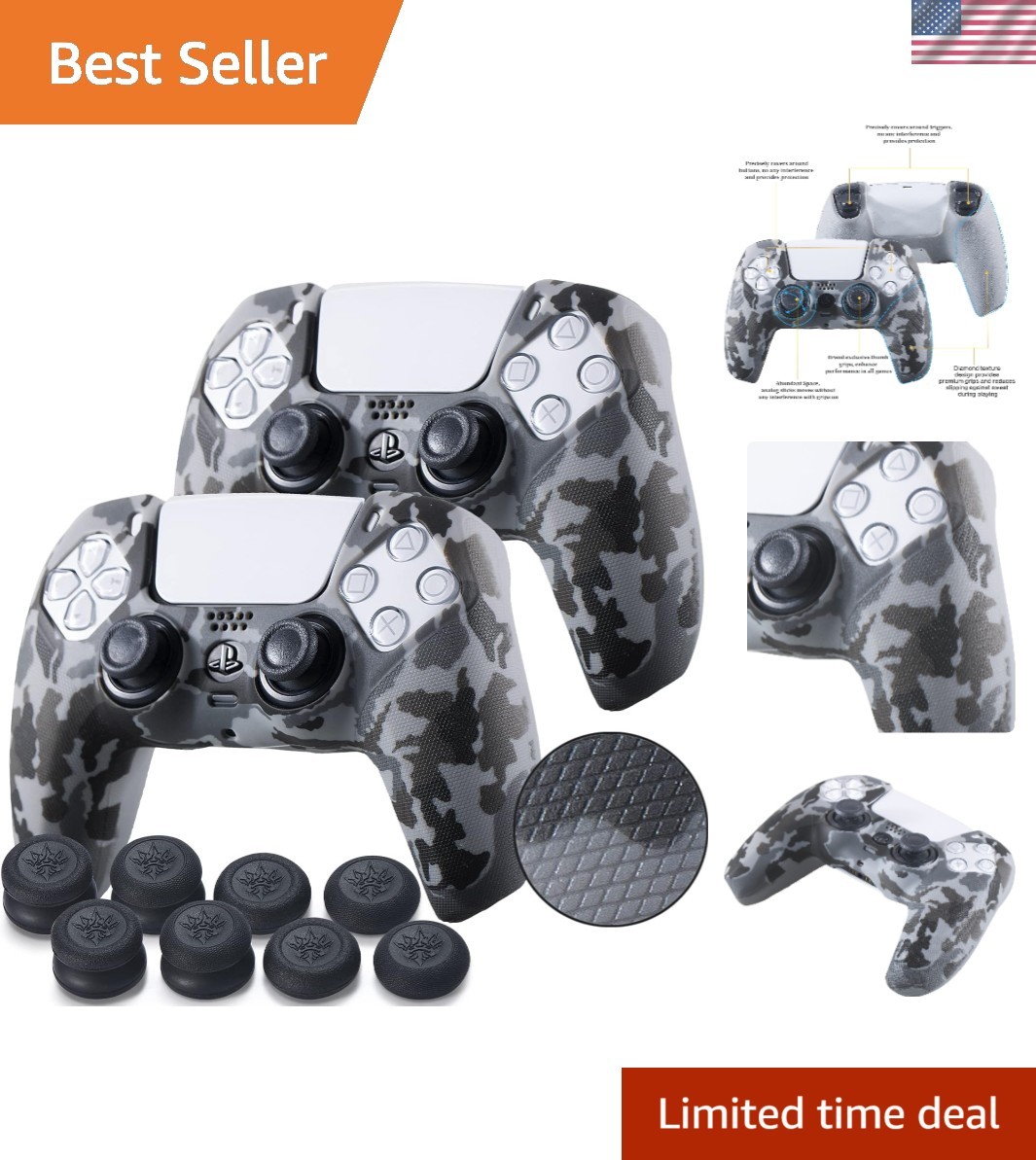 Anti-Slip Medical Grade Silicone Cover for PS5 Controller – Grey Camouflage Set