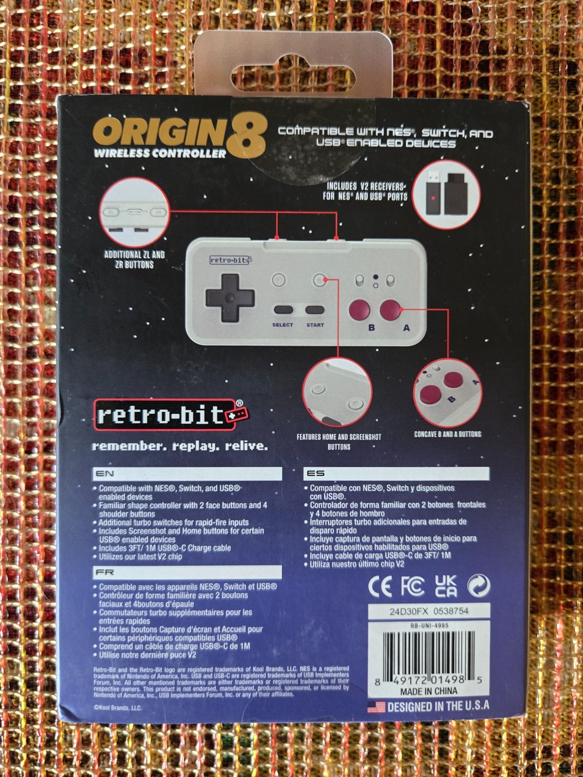 Retro-Bit Origin 8 Wireless Controller 2.4 GHz NES, Switch & USB Enabled Devices