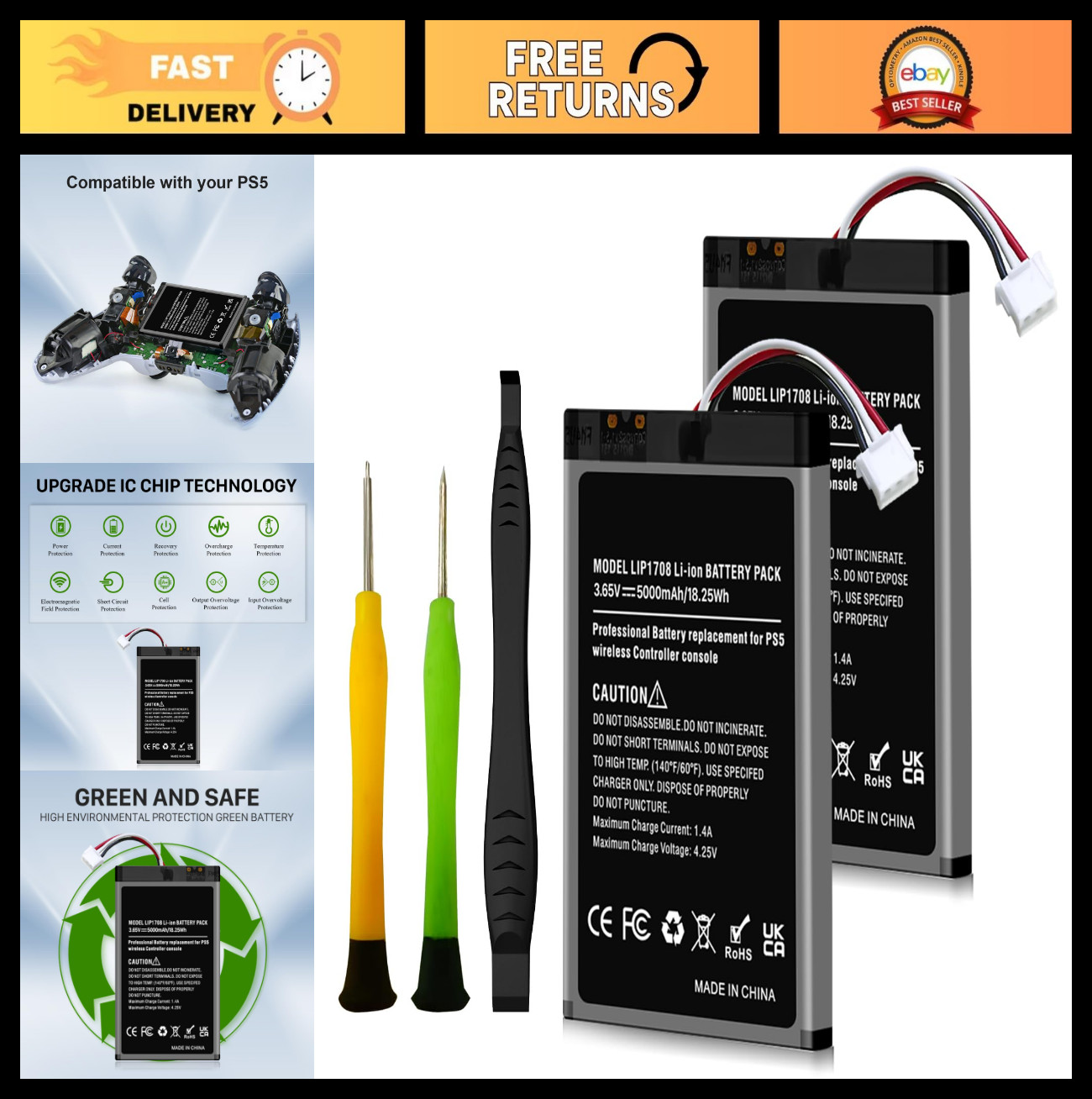 High Capacity 5000mAh Battery Replacement for PS5 Controller – 2 Packs + Repair