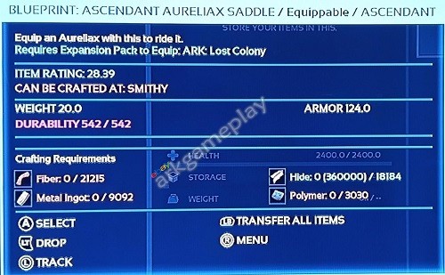 Ark Ascended PVE – BP: Ascendant Aureliax Saddle 124 ( PC / Xbox / PS5 )