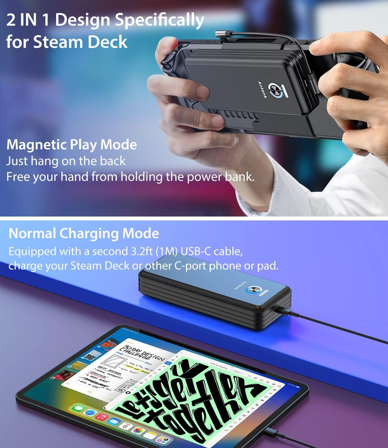 Antank 20000mAh Magnetic Portable Battery Power Bank For Steam Deck 45W PD Fast