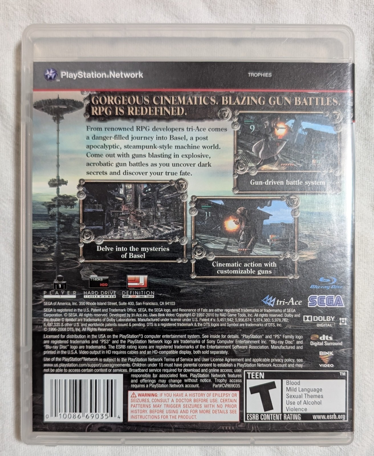 SEGA Resonance of Fate (PS3) Role Playing, T-Teen, NTSC-U/C, Manual