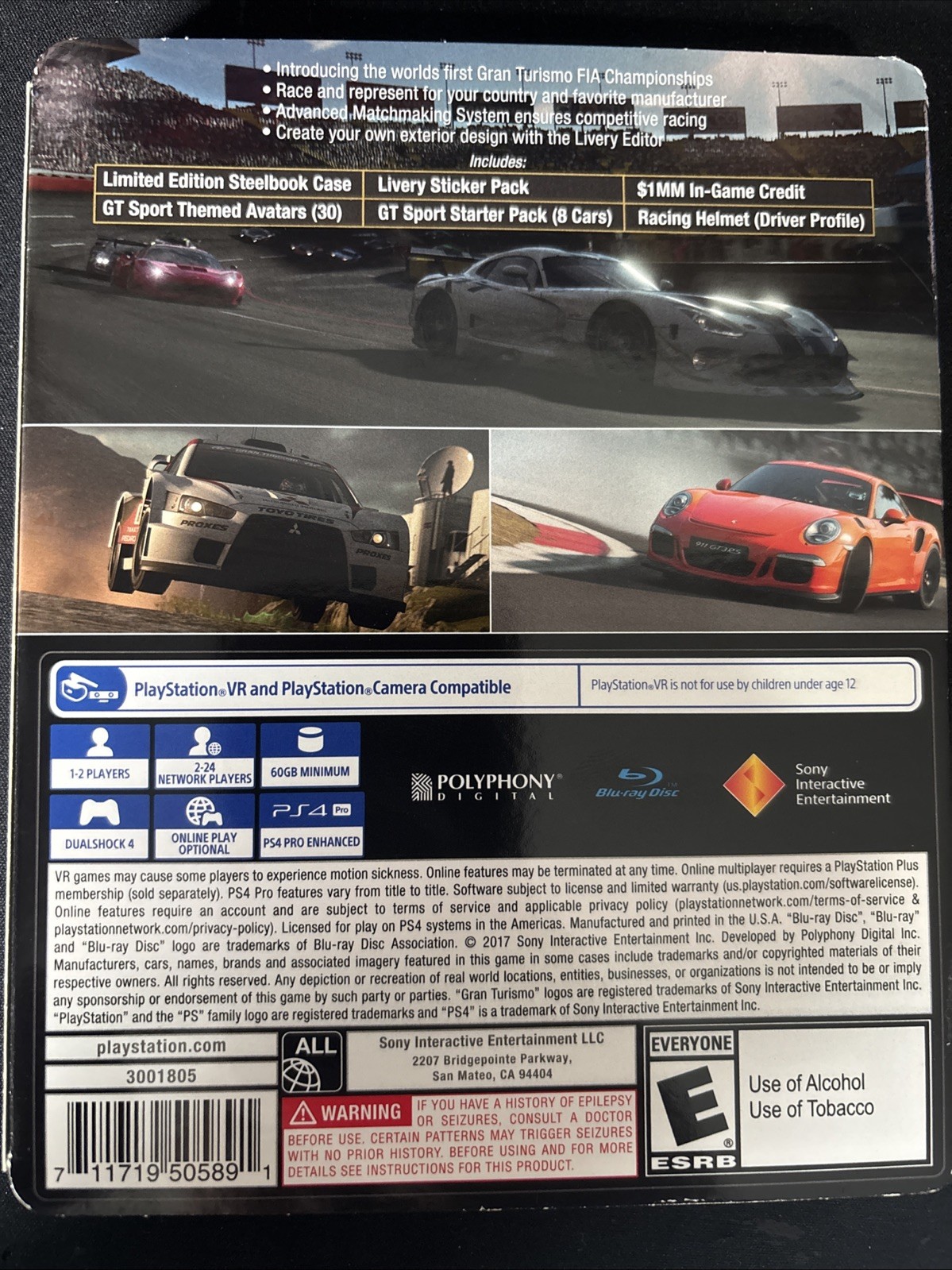 Gran Turismo Sport Steel Book Limited Edition Sony PlayStation 4 PS4 VR CIB