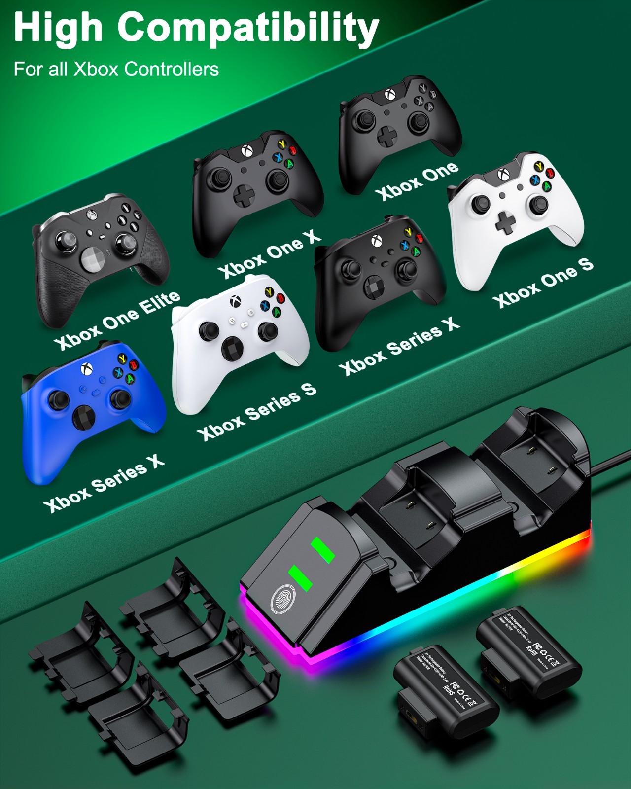 For XBox One Series X/S Controller Charger Station+4320mWh Rechargeable Battery