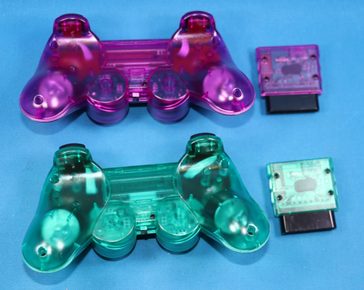 FOR PLAYSTATION 2 PS2 Dual Vibration WIRELESS GAMEPAD CLEAR PURPLE/GREEN 2 PACK