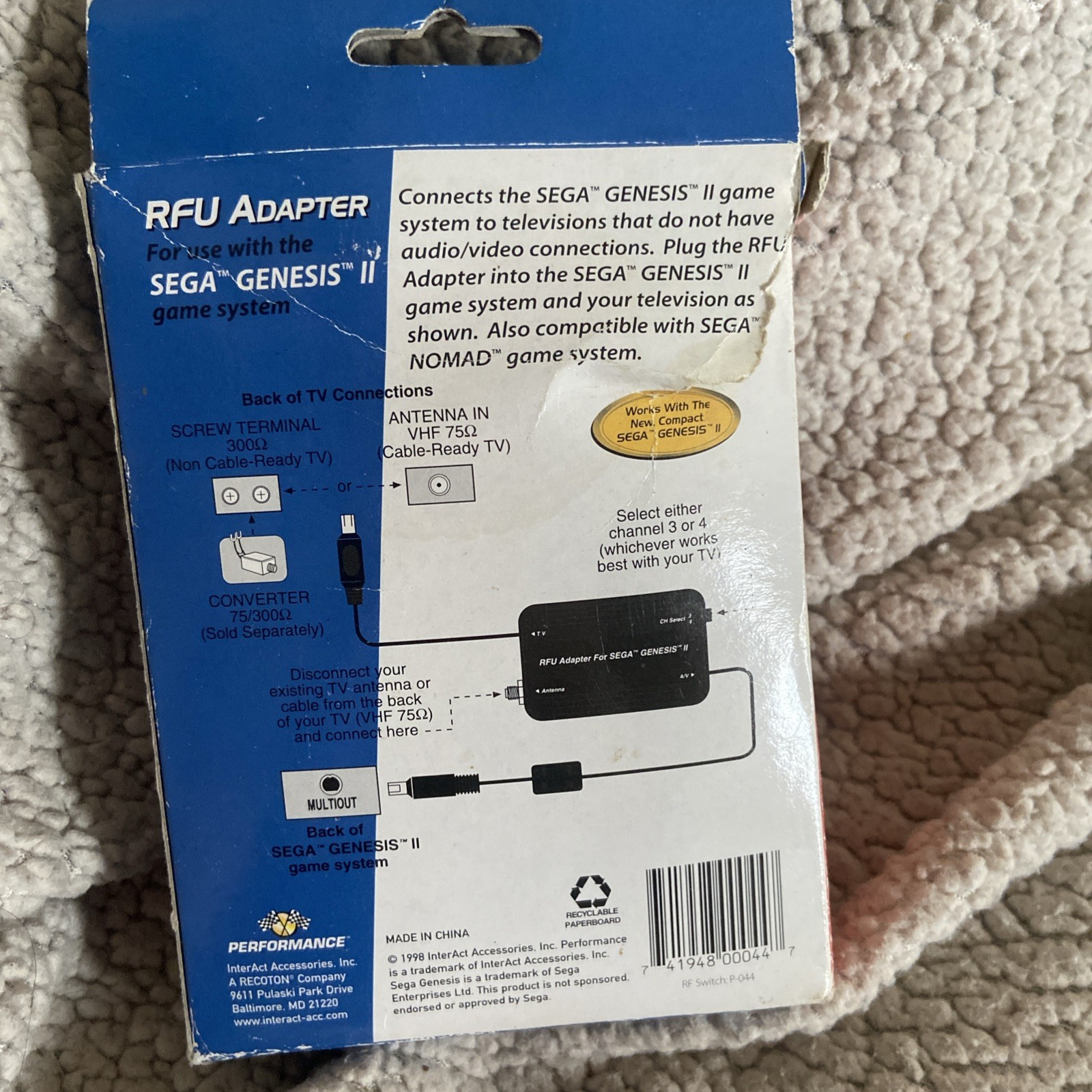 RFU Adapter Connects The He SEGA GENESIS II Game System to Your Television New