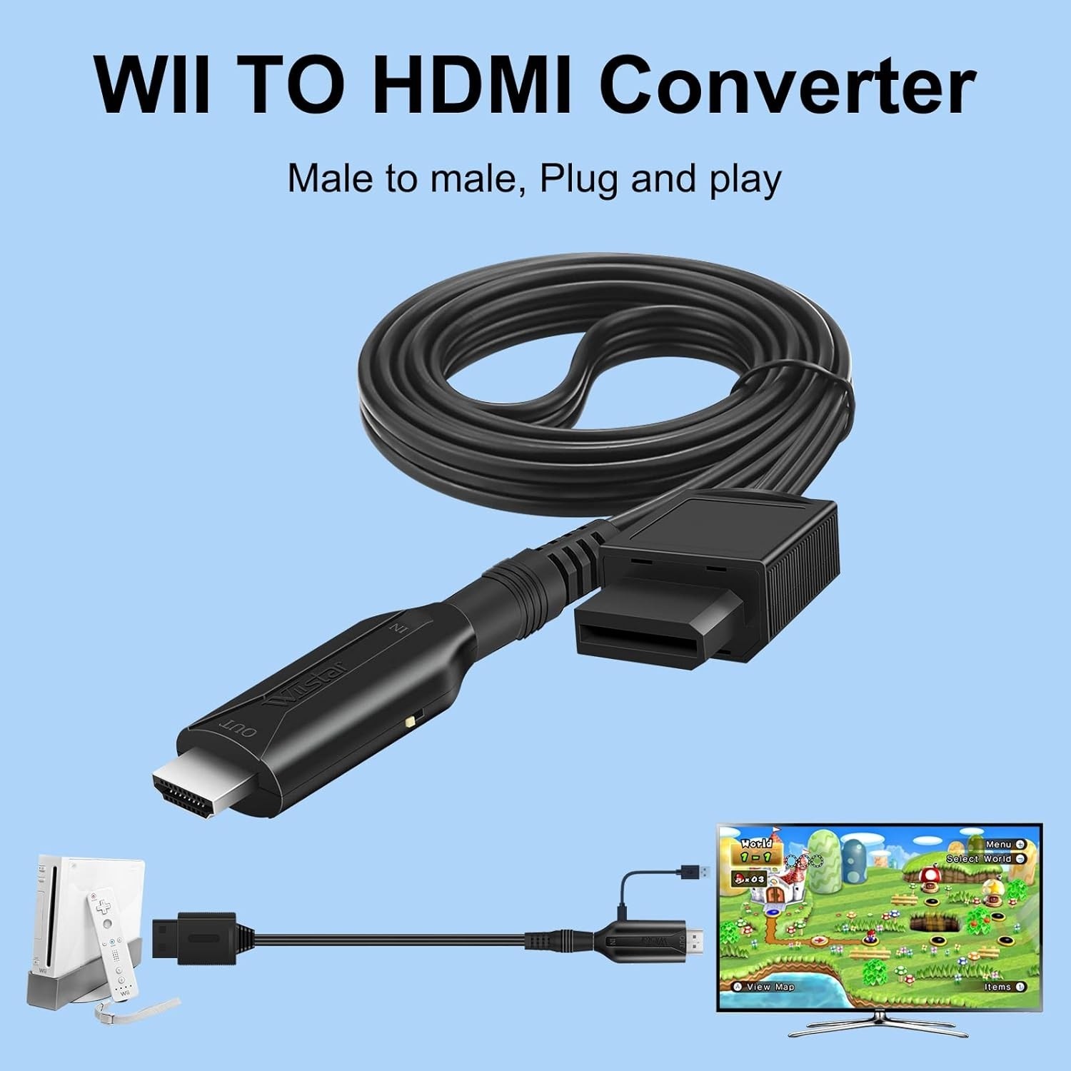 Wii to HDMI Converter Adapter Cable 1080p / 720p HD Output + USB Power for Ninte
