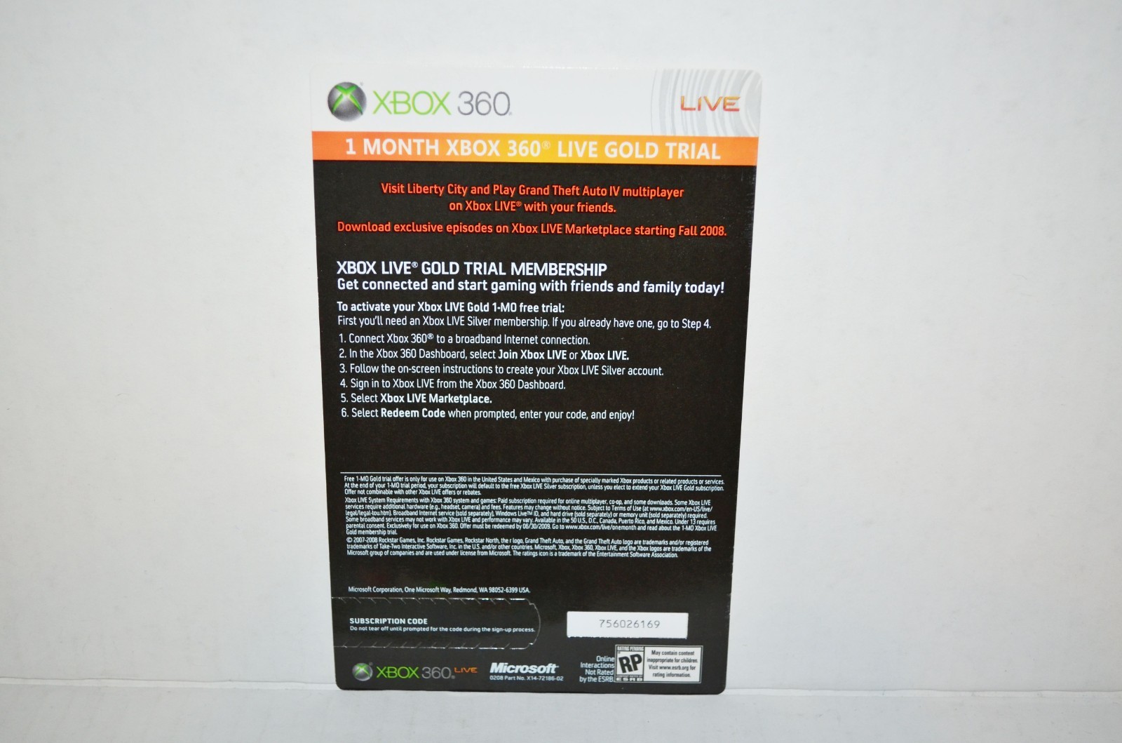 Insert Free 1 Month XBOX 360 Grand Theft Auto IV 4 GOLD LIVE TRIAL CARD