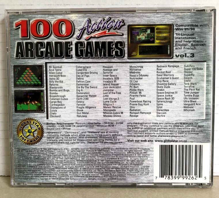 100 Action Arcade Games Vol. 3 PC Game CD-Rom Global Star Software