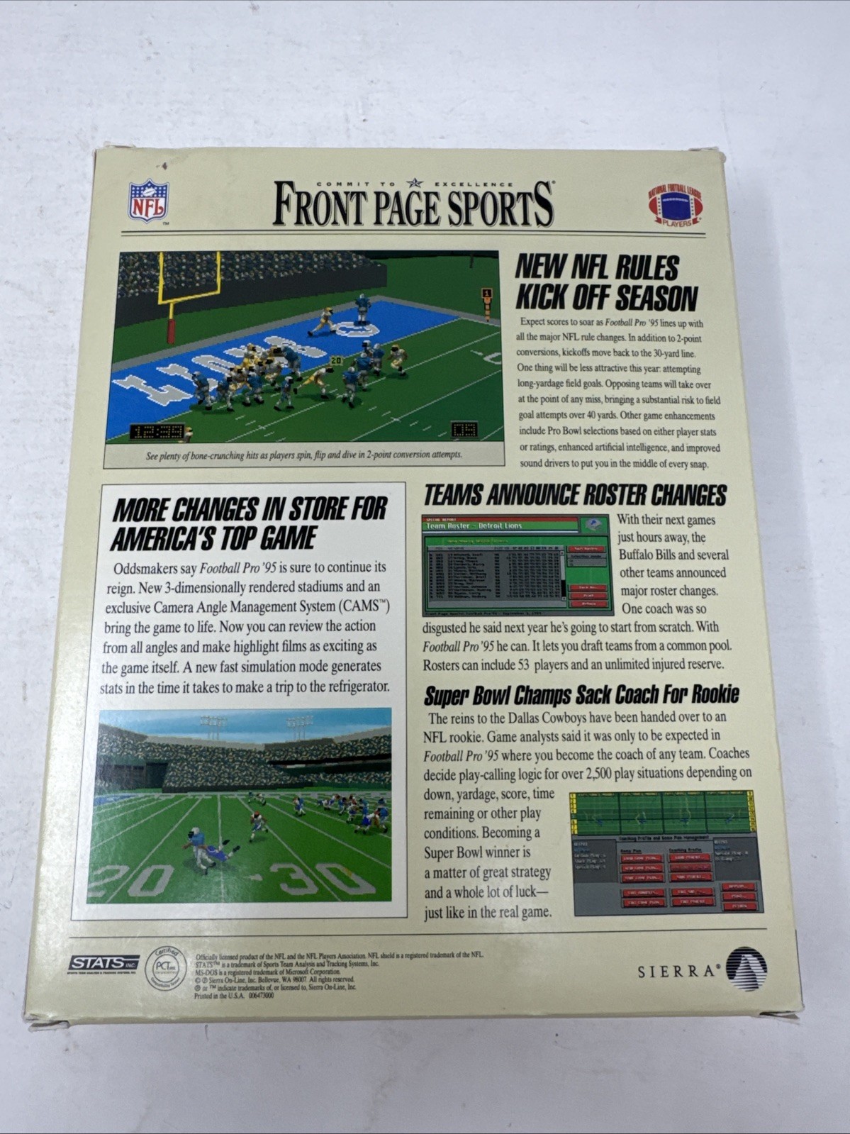 Front Page Sports Football Pro 95 Hits The Gridiron PC CD-Rom 1995 BIG BOX
