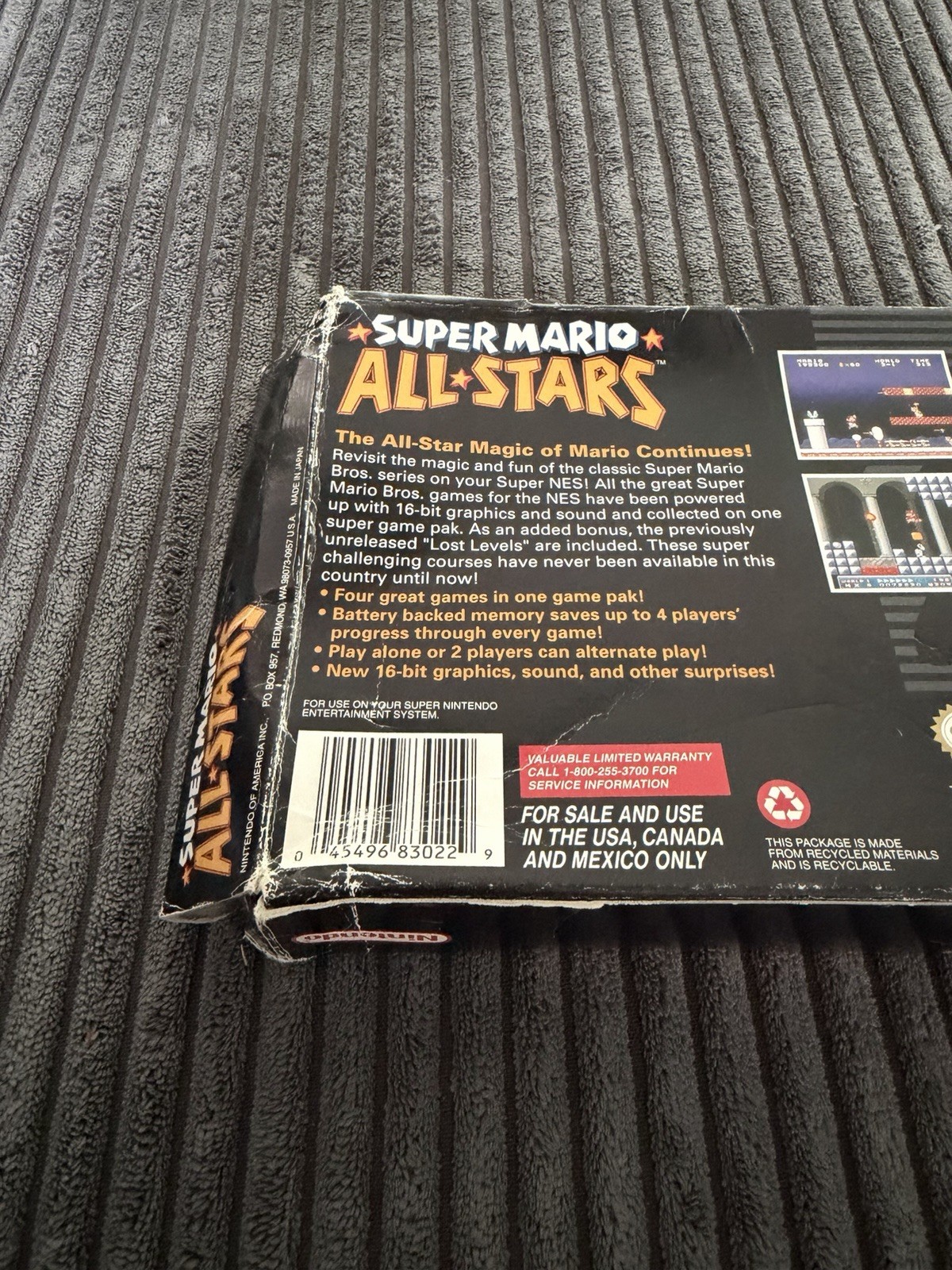 Super Mario All-Stars Super Nintendo SNES (1993) Excellent Manual Fair Box Test!