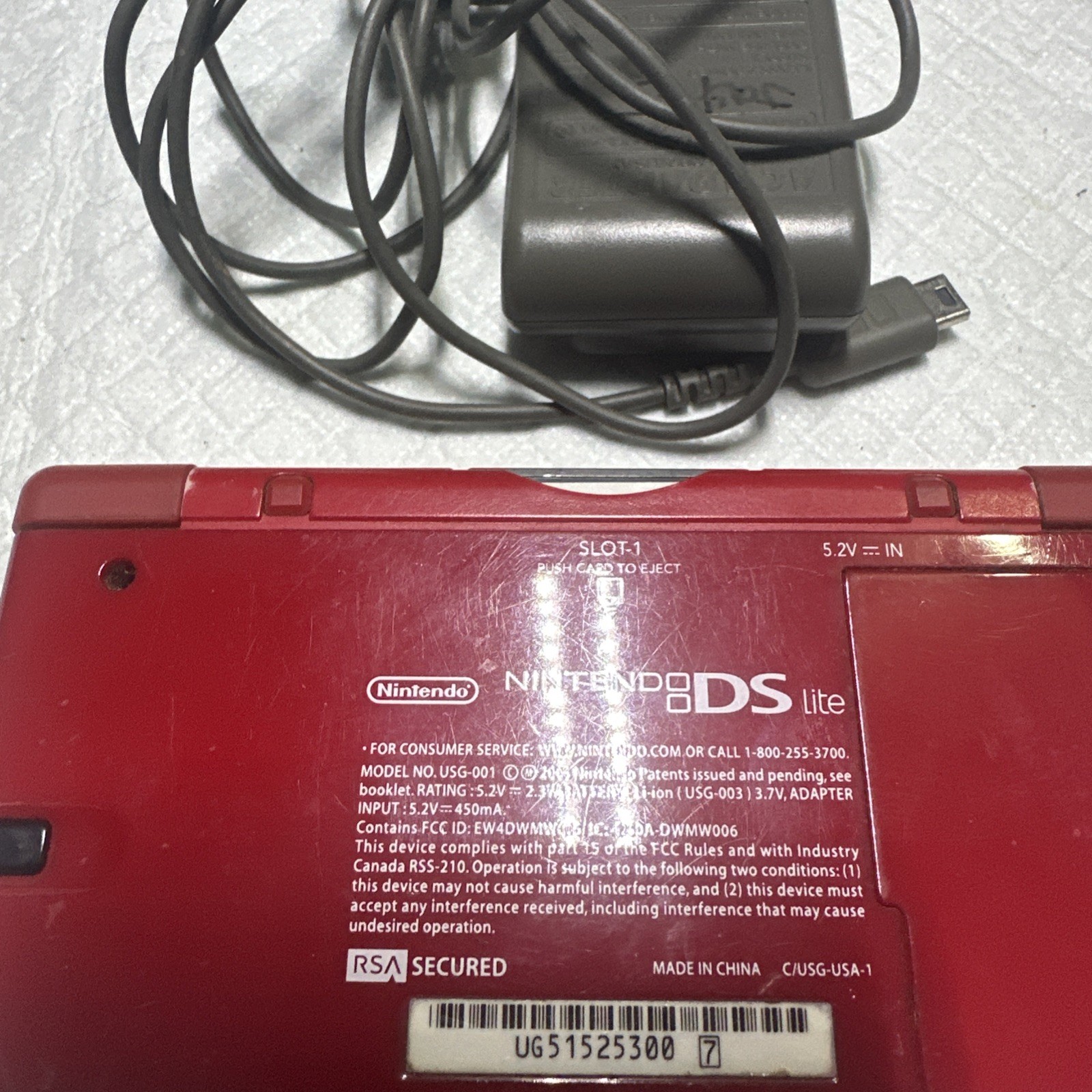 Nintendo DS Lite Mario Edition Console w/ Charger & GBA WORKS! BAD HINGE!