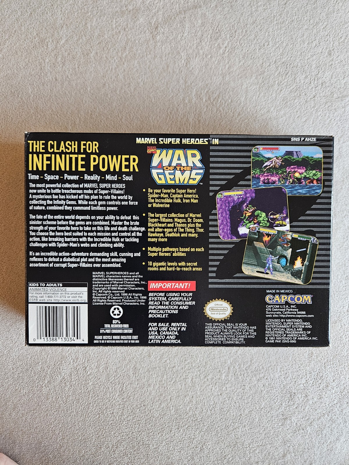MARVEL SUPER HEROES WAR OF THE GEMS SNES SUPER NINTENDO COMPLETE IN BOX W INSERT