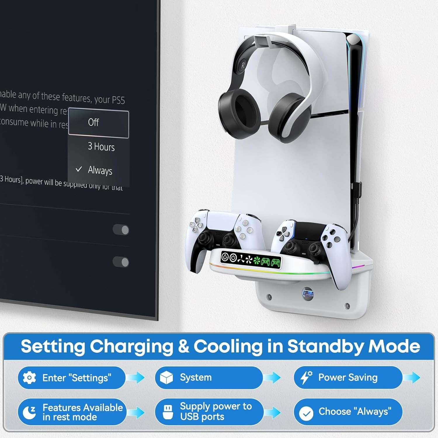 PS5 Wall Mount Kit with Cooling Fan and Charging Station for PS5 Slim, Pro & …