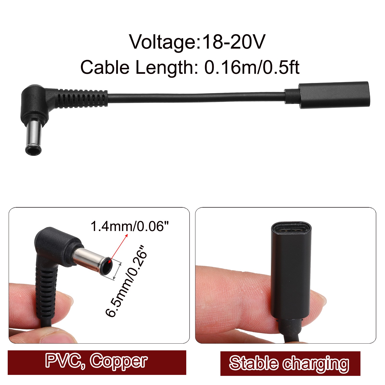 0.5FT USB C to DC PD Power Fast Charging Cable, 6.5mmx1.4mm 65W/18V-20V(Black)