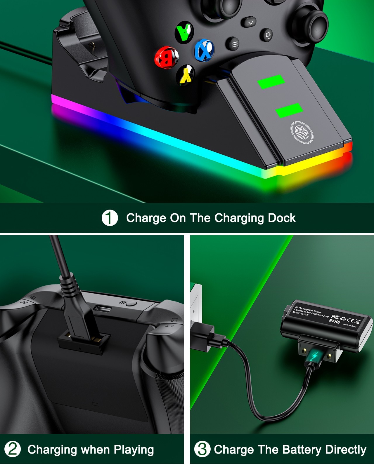 For XBox One Series X/S Controller Charger Station+4320mWh Rechargeable Battery