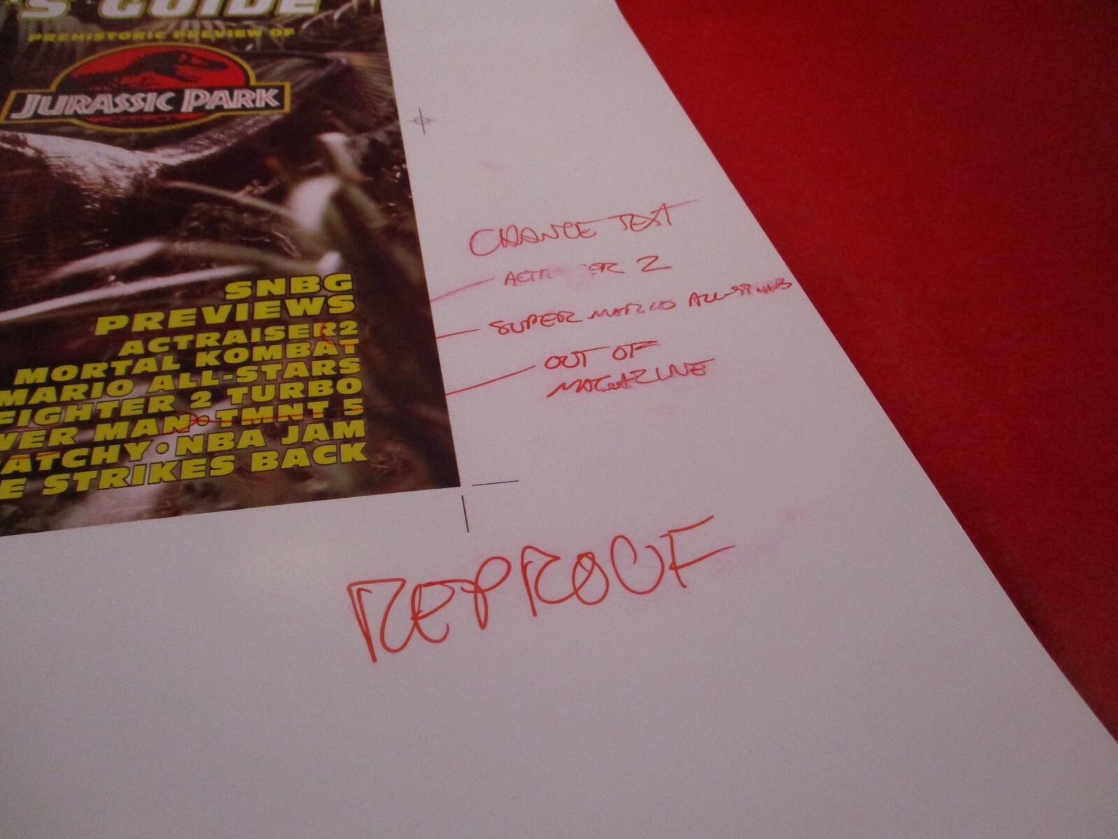 Super NES Buyer’s Guide Magazine Prototype Sheet Jurassic Park Nintendo SNES