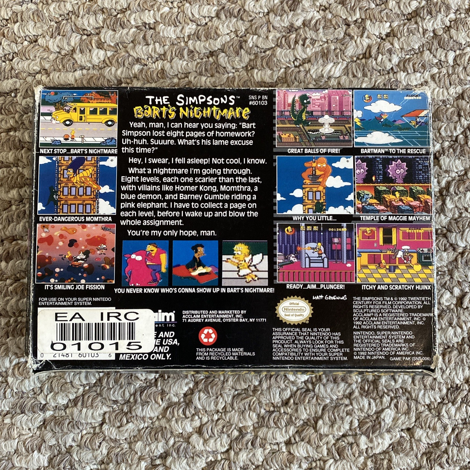 The Simpson’s Bart’s Nightmare Complete In Box CIB Super Nintendo SNES