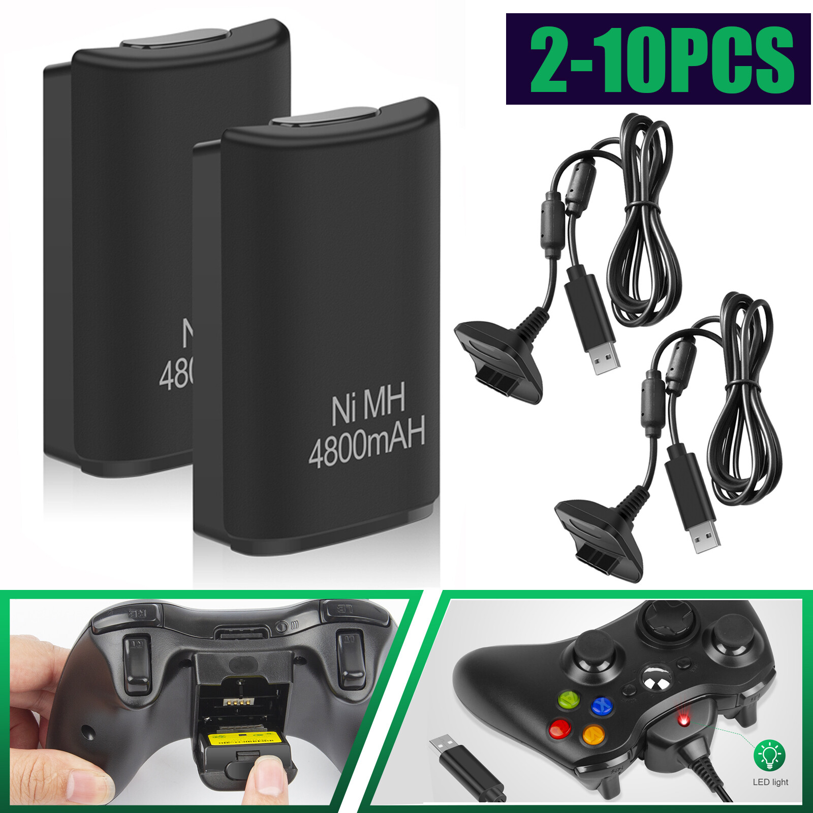2-10PCS 4800mAh Rechargeable Battery USB Charger Cable For Xbox 360 Controller