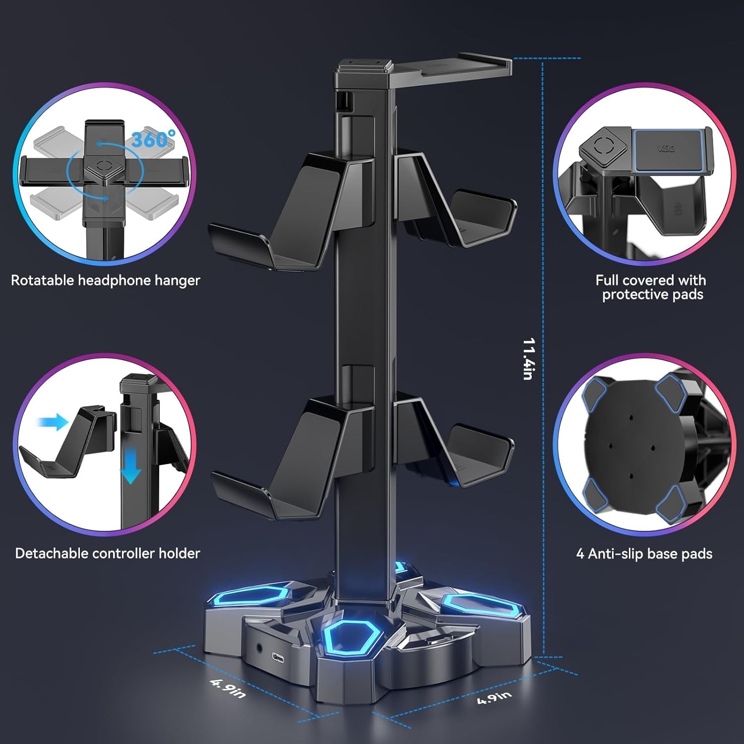 Stylish Rotating Gaming Headphone & Controller Holder with RGB Lights – Black